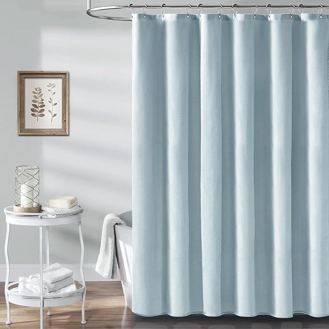 BTTN Stall Fabric Shower Curtain, 60 Inch Linen Textured Heavy Duty Small Cloth Shower Curtain Set with 10 Plastic Hooks, Narrow Simple Modern Weighted Shower Curtains for Bathroom - 60 x 72, Fog Blue