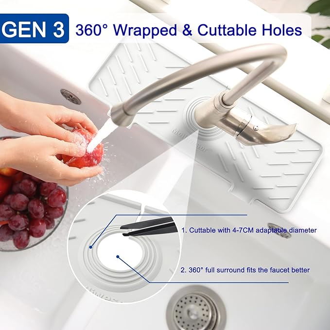 Meiliweser Silicone Faucet Mat for Kitchen Sink – Gen 3 10° Slope Splash Guard with Cuttable Hole – 14” x 5.5” Drip Catcher & Sponge Holder for Kitchen, Bathroom (White)