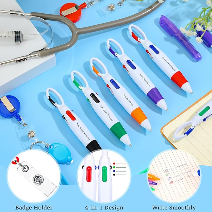Chinco 30 Pcs Retractable Shuttle Pen Clip with Mini Highlighter Nurse Badge Pen Neon Marker LED Keychain Ring Clip