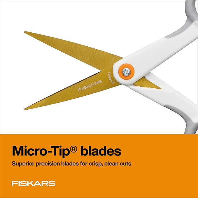Fiskars Micro-Tip Scissors, Precision Cutting Shears, Titanium Blades & SoftGrip Handle for Intricate Cuts, 5”, White/Gray