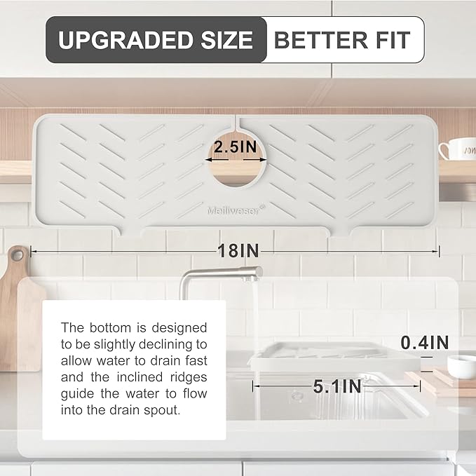 Meiliweser Silicone Faucet Mat for Kitchen Sink – Gen 2 Splash Guard with Upgraded Outlet & Slope – 18” x 5.1” Water Catcher & Sink Sponge Holder for Kitchen and Bathroom (Beige)