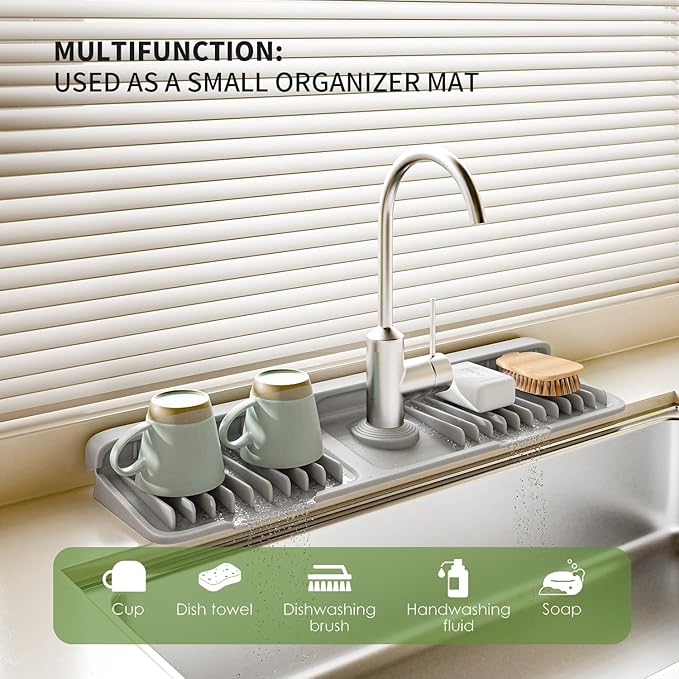 Faucet Mat for Kitchen Sink, 2025 New Silicone Sink Splash Guard, 7°Slope Fast Self-draining, Fast Drying Tidy Faucet Mat Splash Guard