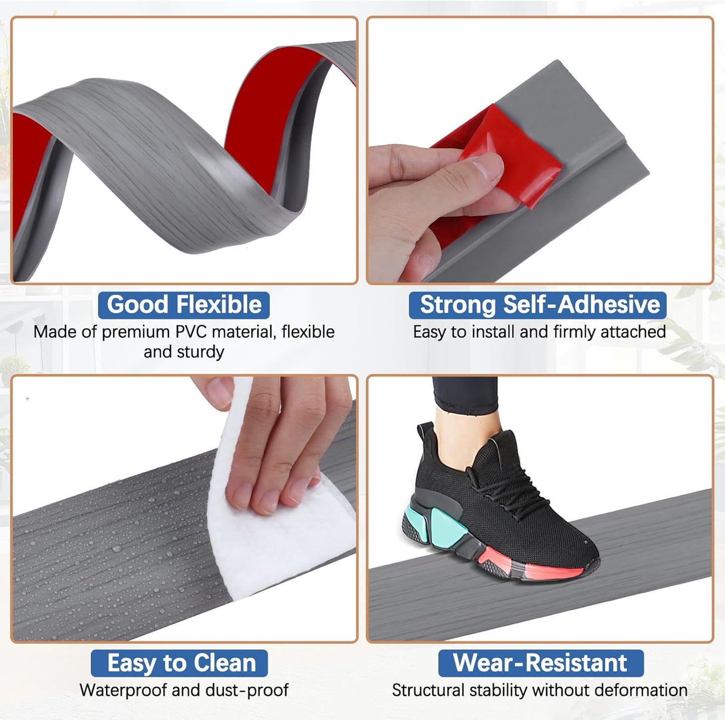 Vinyl Door Threshold Flooring Transition Strip Self Adhesive Carpet Edging Strip for Laminate Doorway Edge Threshold from 3/5" to 4/5" (Light Gray Wood Grain, 3.3 Ft)