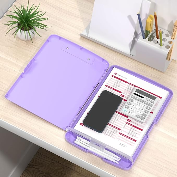 Rimilak Plastic Clipboard with Storage, 8.5 x 11 High Capacity Folio Nursing Case with Pen Holder, Size 14.2 x 9.6 x 1.2″ Folder Side-Opening for Classroom, Teacher, Student, Smooth Writing, Purple