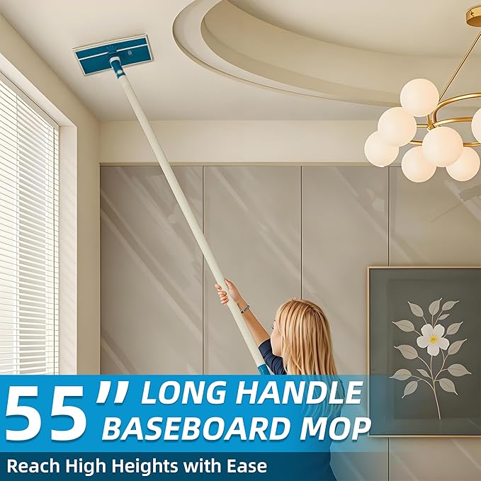 Wall Cleaner Mop with Foldable Panel, Baseboard Cleaner Tool with 55" Long Handle, Cleaning Mop Duster for Walls, Ceilings, Baseboards, Floors