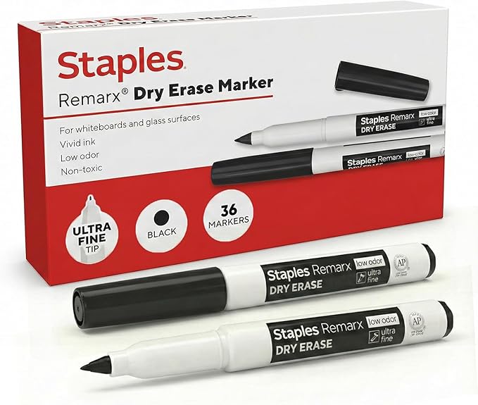 STAPLES Low Odor Dry Erase Markers, Ultra Fine Tip, Black, 36 Pack – Remarx Precision Whiteboard Markers for Offices & Classrooms