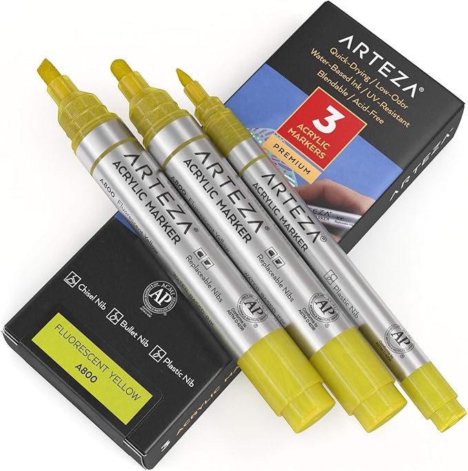 ARTEZA Acrylic Paint Markers, Pack of 3, A800 Fluorescent Yellow, 1 Thin and 2 Thick, Chisel + Bullet Nib, Paint Pens for Canvas, Rock, Glass, Wood