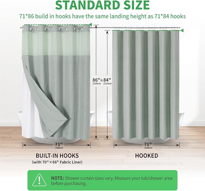 Extra Long No Hooks Needed Linen Textured Shower Curtain with Snap-in Fabric Liner Set,Sage Green Hotel Luxury Decor Shower Curtains for Bathroom,Waterproof & Washable,71Wx86H