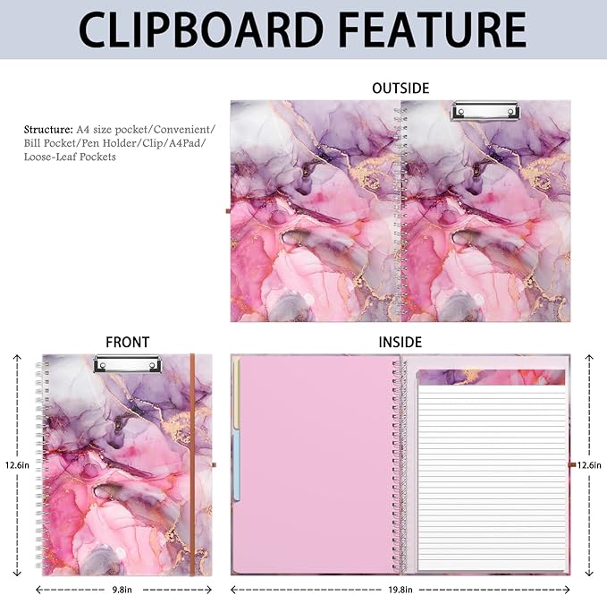 Rimilak Spiral Clipboard Folio with Refillable Lined Notepad, 14.5 x 9.8 in, Hardcover Cover with 5 Interior Pockets, Elastic Band and Pen Loop Series. Cute Stylish Clipfolio, Pink Gold Marble