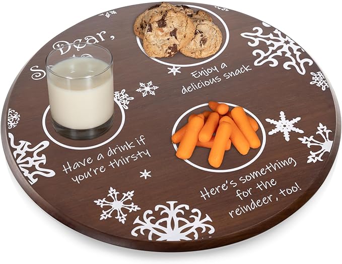 Picnic TIME Dear Santa Cookie and Milk Plate, Wooden Serving Tray, Christmas Appetizer Tray, Holiday Charcuterie Board, (Stained Parawood)