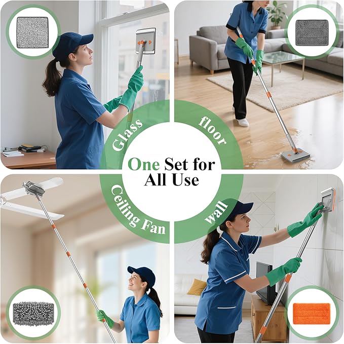 Ceiling Fan Cleaner Duster - 79" Extension Pole & Dual Brush Heads Baseboard Cleaner Tool with Handle, 4-in-1 Reusable Fan Blade Cleaner Ceiling Fan Duster for Fan Blades Baseboards Corners