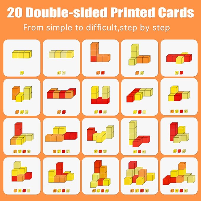 Wooden Cube Toy 16PCS Building Blocks for Kids 40 Pattern Cards and Storage Pouch, 4 Colors 3D Space Stacking Game STEM Educational Preschool Learning Sensory Toy Counting Math Color Cognition