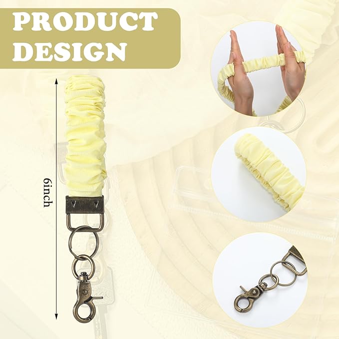 Marspark 2 Set Scrunchie Lanyards with 4 Card Holders for ID Badges and Keys Cute Stretchy Scrunchie Neck and Wrist Lanyards for Teacher Women Nurses School Office Supplies(Yellow,Solid Color)