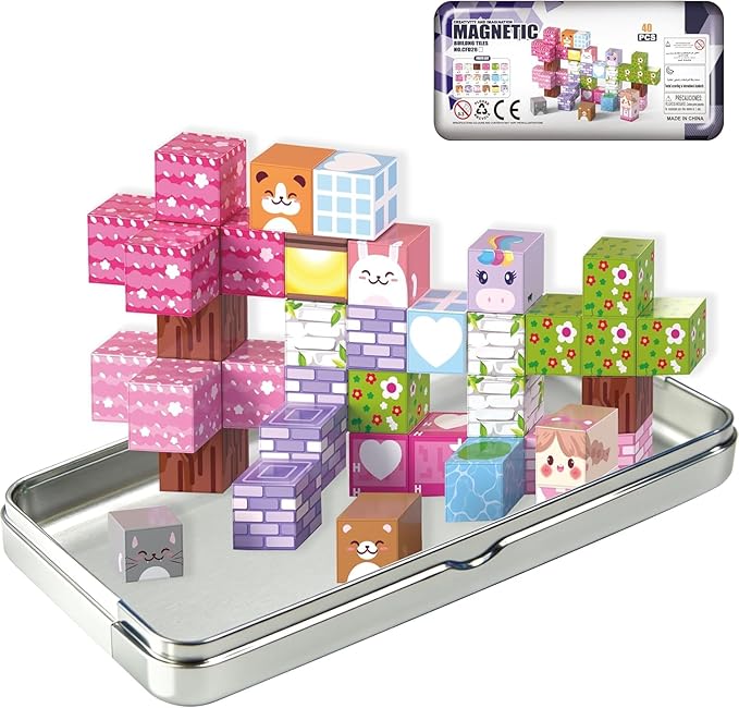 Magnetic Building Blocks 40 Pieces with Animals & Nature Theme - Safe STEM Educational Toys Gift for Toddlers Ages 3-8 with Storage Case