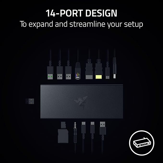Razer USB 4 Dock: 14 Ports (Type C, Type A, HDMI, DP, Ethernet, SD, 3.5mm) - Dual Monitor Up to 4K 120 Hz - Laptop & Phone Fast Charge - Durable Lightweight Casing - Windows & Mac Compatible - Black