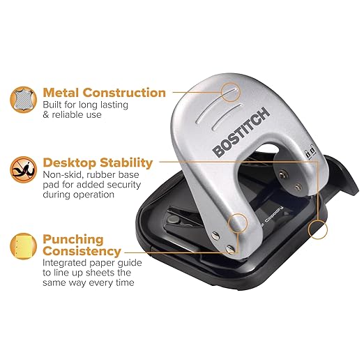 Bostitch Office EZ Squeeze Reduced Effort 2-Hole Punch, 2 Sheets, Locking Handle, Silver (231)