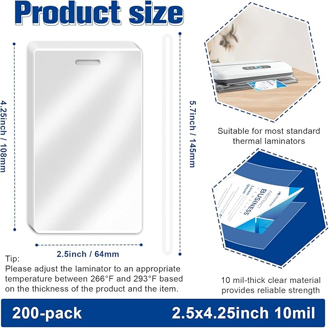 200 Pieces 10 Mil 2 1/2" x 4 1/4" Luggage Tag Laminating Pouches with Slot Hole Loops Thermal Lanyard Thermal Laminate Pouch Tags Kit Resealable for Work Permits Pass Cards Student ID Cards