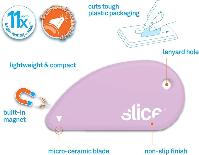 Slice Micro Safety Cutter | Safe Ceramic Box Cutter Lasting 11x Longer than Metal | Keychain Box Opener | Combo Pack | Sky + Lavendar