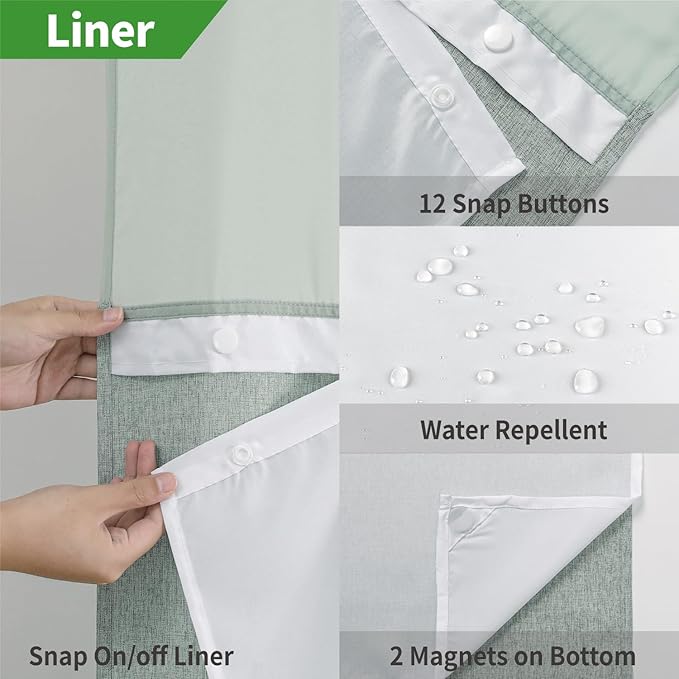Extra Long No Hooks Needed Linen Textured Shower Curtain with Snap-in Fabric Liner Set,Sage Green Hotel Luxury Decor Shower Curtains for Bathroom,Waterproof & Washable,71Wx86H