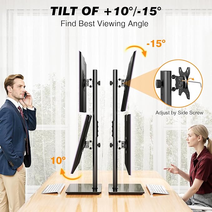 Dual Monitor Stand VESA Mount for 13-38 Inch Screens, Free-Standing Monitor Riser with Swivel, Tilt, Rotation & Height Adjustable, Desk Stand Holds up to 44lbs, Compatible with VESA 75x75-100x100mm