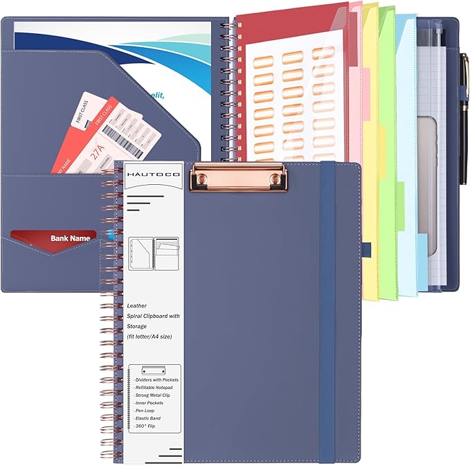 HAUTOCO Spiral Leather Clipboard Folio with Notepad (8.5 x 11''), 5 Folders with 10 Pockets, Storage Zipper Pouch, Pen Loop, 39 Stickers, Padfolio Organizer for Work School, Purple Gray