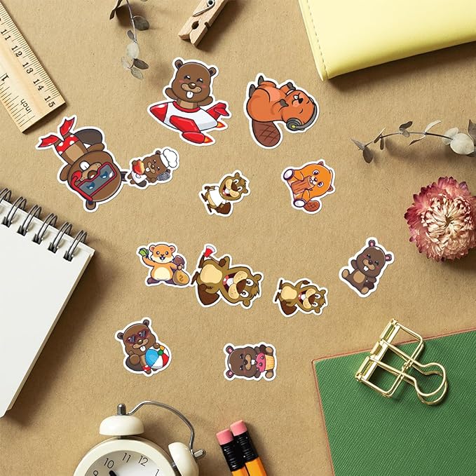 Cute Beaver Cartoon Stickers Pack 50Pcs Waterproof Vinyl Animal Decals for Laptop Water Bottles Notebooks Skateboard Luggage Scrapbooking Fun Aesthetic Gift