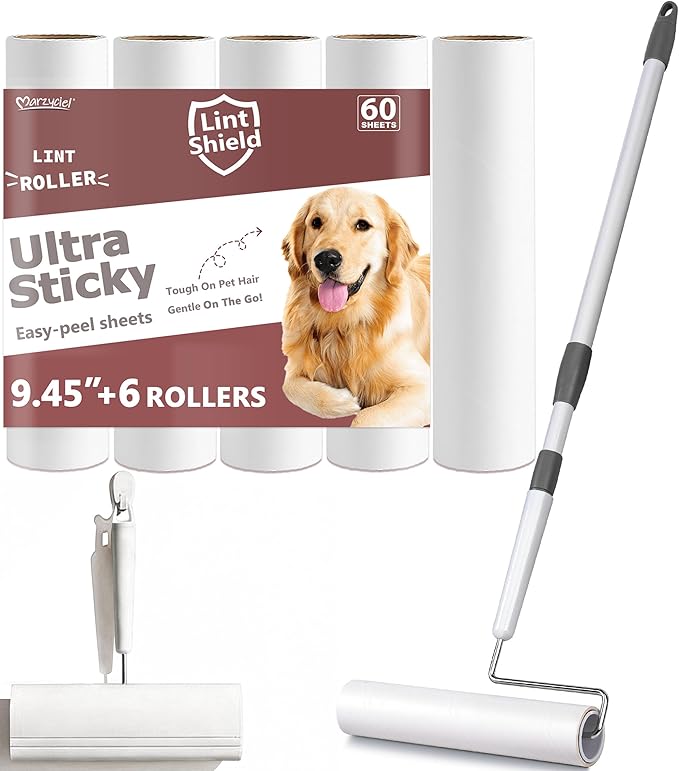 Large Lint Rollers for Pet Hair Extra Sticky, 9.45'' Long Handled Giant Lint Roller,6 Replaceable Rolls for Cleaning Carpets, Clothing, Couch, Furniture Wall Cleaner Mop Dust Remover