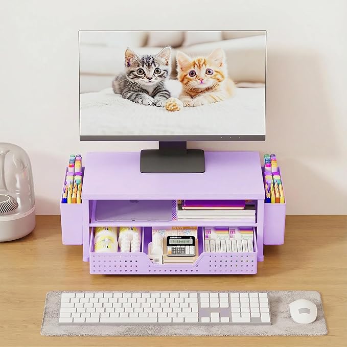 OPNICE Desk Organizers and Accessories, 2-Tier Computer Monitor Stand Riser with Drawer and 2 Pen Holders, Laptop Stand, Office Desk Accessories for Office Supplies, Purple