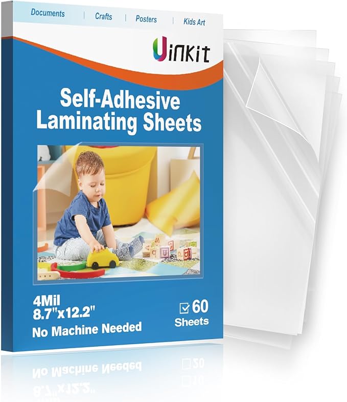 Uinkit 4mil Thick Self Laminating Sheets 8.5 x 11", 60Pack (More Value) Single-Sided Peel & Stick for Teachers, Office & Home Crafting - No Heat Machine Needed