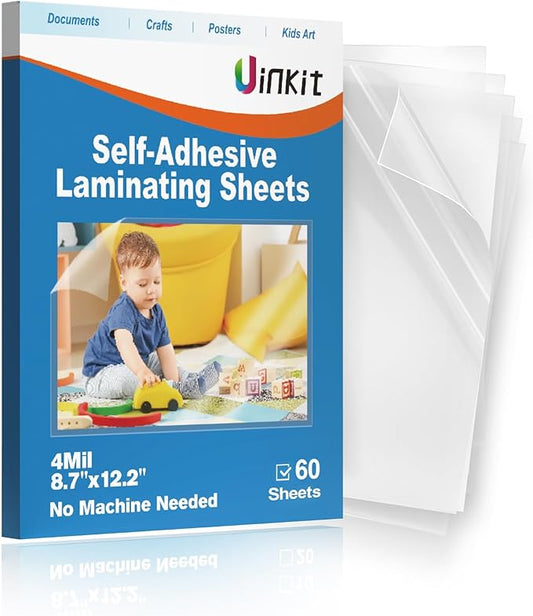 Uinkit 4mil Thick Self Laminating Sheets 8.5 x 11", 60Pack (More Value) Single-Sided Peel & Stick for Teachers, Office & Home Crafting - No Heat Machine Needed