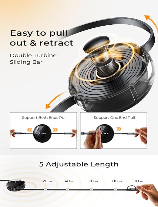 LISEN 5-in-1 Fast Charging Retractable Cable for iPhone, iPad, Samsung - 60W Charger with USB-C/A Ports for Phones, Tablets, Black