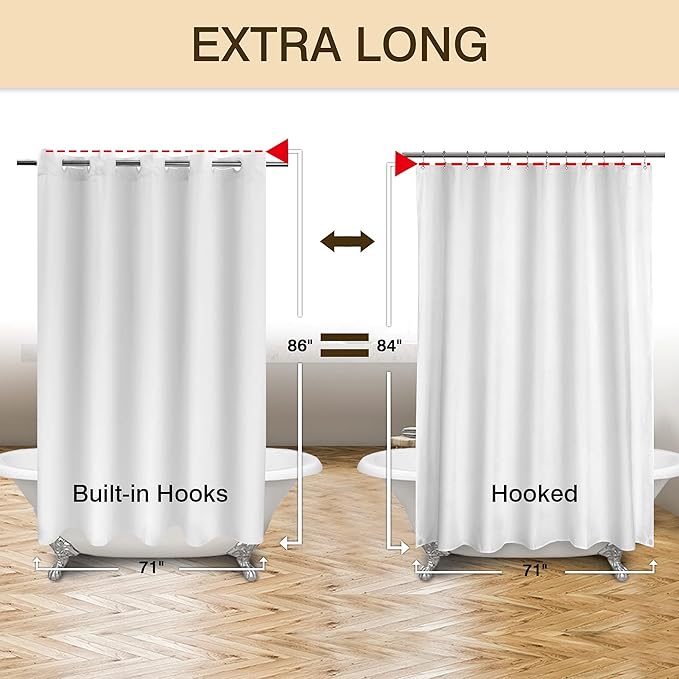 River Dream Extra Long No Hook Shower Curtain TPU Lining & No Required Liner, 71" x 86"(84") Hotel Fabric Shower Curtain for Bathroom, Bottom Magnets & Waterproof, White, 71x86