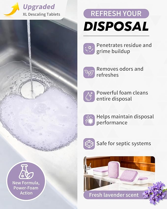 Garbage Disposal Cleaner Deodorizer Tablets - 24 Pack Powerful XL Sink Disposal Cleaner Foaming Tablet, Lavender Foam Garburator Disposer Freshener, Natural Kitchen Drain Cleaning Care, 1 Year Supply