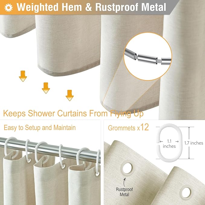 BTTN Extra Long Fabric Shower Curtain - 72 x 90 Inch Linen Textured Heavy Duty Cloth Shower Curtain Set with 12 Plastic Hooks, Large Hotel Luxury Polyester Shower Curtains for Bathroom, Light Cream