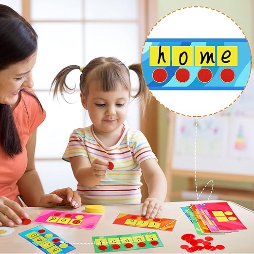 Sound Box Mats and Chips 24 Pcs Dry Erase Mats and 84 Pcs Chips Phonemic Awareness Games Phonics Reading Games Ezread Sound Box Kit(Adorable Style,Cardboard)