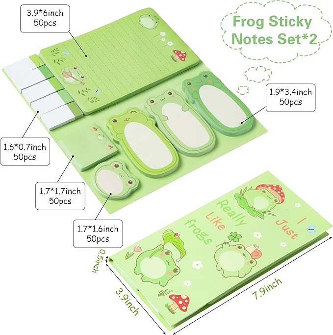 Xqumoi 2 Pack I Just Really Like Frogs Sticky Notes Set - Cute Cartoon Frogs Self-Stick Notes Pads Animal Divider Tabs Bundle Writing Memo Pads Page Marker Back to School Office Supplies Small Gift
