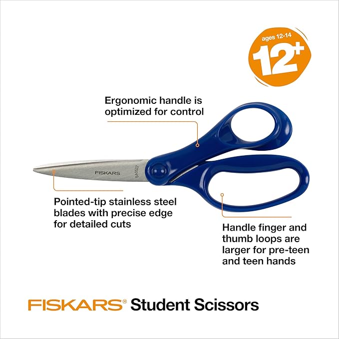 Fiskars 7" Student Scissors for Kids Ages 12-14 (3-Pack), Scissors for School or Crafting, Back to School Supplies, Purple, Blue and Turquoise