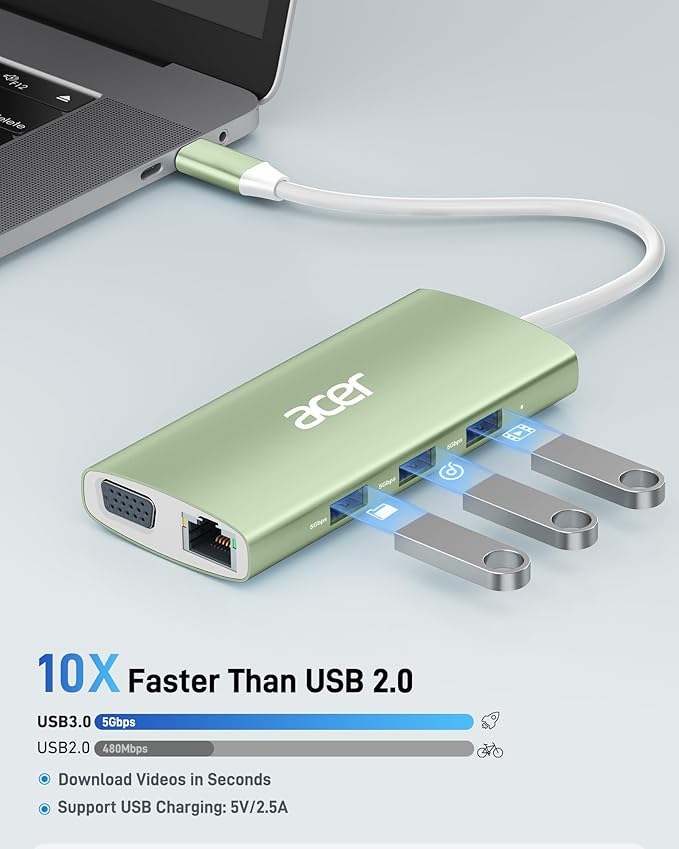 Acer USB C Hub with 4K HDMI, 9-in-1 USB C to Ethernet Adapter, 5Gbps USBA 3.0 Docking Station, VGA Splitter, SD Card Reader, PD 100W Charging for MacBook, Acer, Laptops, Surface and More (Green)