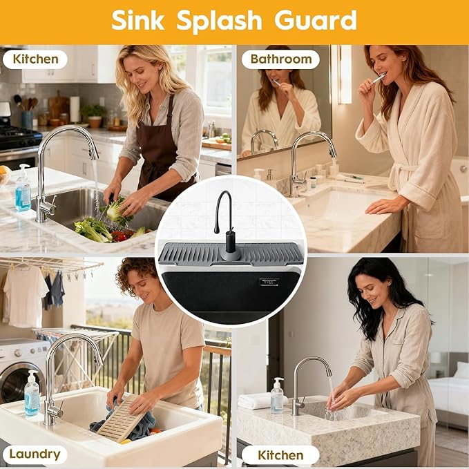 16" Silicone Faucet Mat for Kitchen Sink Released in 2025/12TH,8° Slope Fast Self-draining-Kitchen Sink Splash Guard,Bathroom Kitchen Sink Area Water Splash Guard Behind Faucet Draining Dark Grey