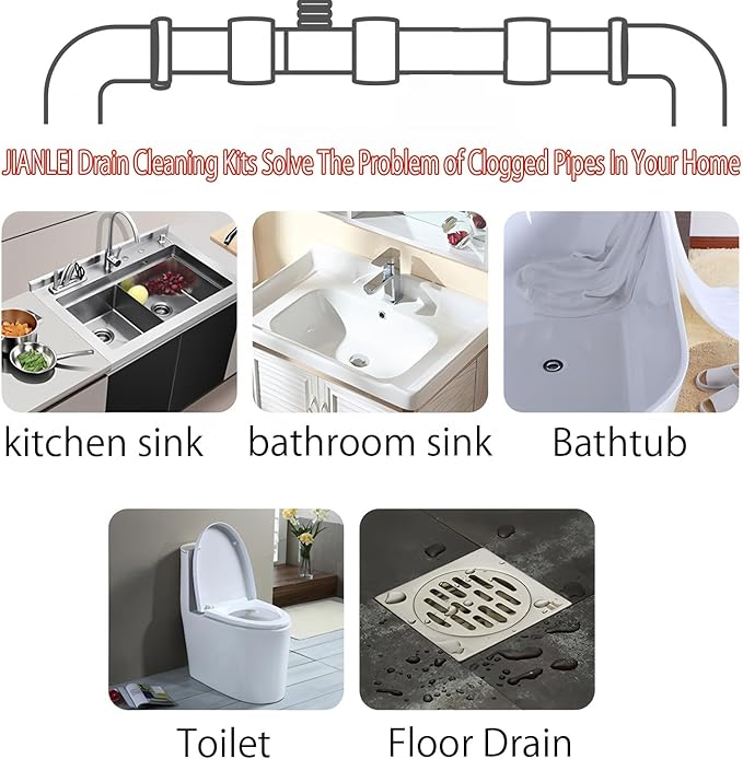 Drain Clog Remover (5pcs)＆Drain Auger 32 FT (1pcs)＆Drain Snake Hair Remover (1pcs),Toilet Plumbing Snake Set for Toilet Sewer Shower Kitchen Bathroom Tub Clogged Drains Opener Cleaning Tool