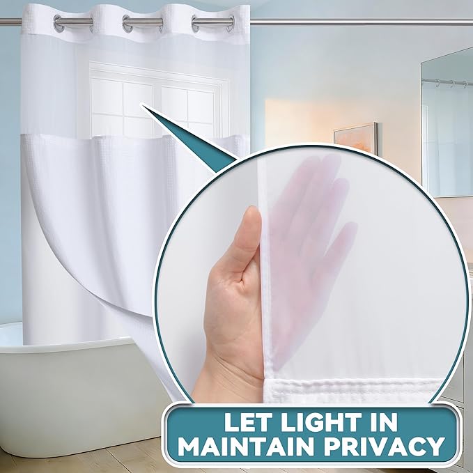 Conbo Mio Stall No Hook Waffle Weave Shower Curtain with Snap in Liner Set, Hotel Luxury White Shower Curtains for Bathroom with See Through Top Window, Waterproof, Washable 36W x 74H