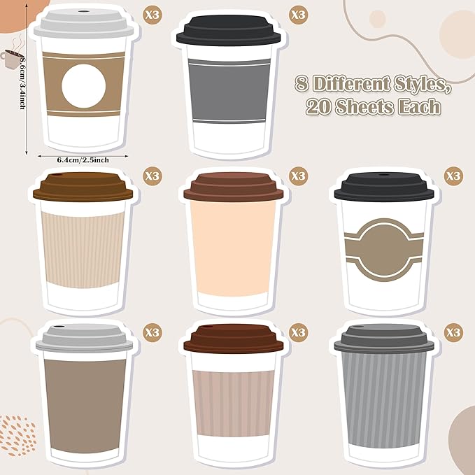 Xqumoi Coffee Cup Sticky Notes with Pen Gift Set - 24 Set Coffee Self Sticky Writing Memo Pads Ballpoint Pens with Mesh Bag Birthday Party Favors School Classroom Rewards Office Supplies