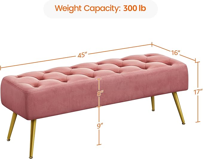 Yaheetech Modern Ottoman Bench Velvet Bench Upholstered Footrest for Living Room with Gold Metal Legs and Padded Seat Pink