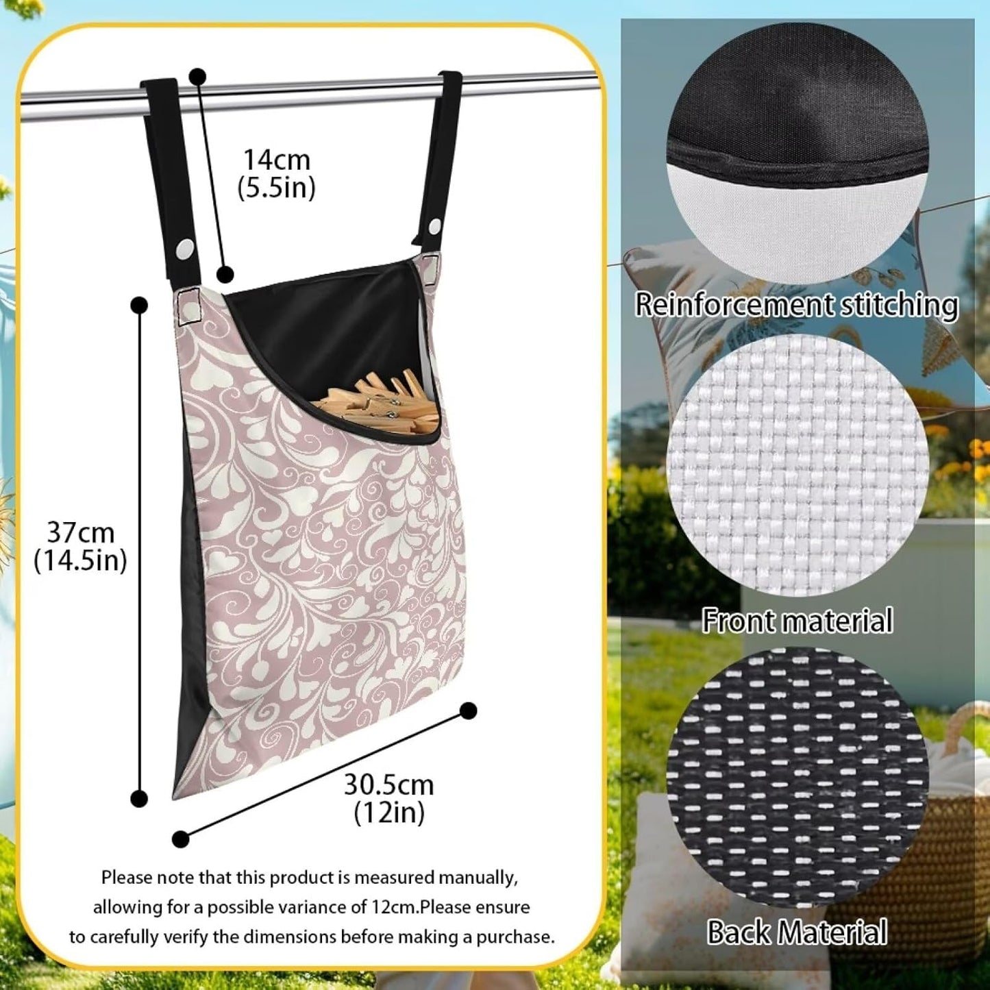 High Capacity Clothespin Holder Bag 14.5x12 Inches - Durable Outdoor Storage with Wide Opening for Clothesline Organization Hanging Loop & Button Closure Heart Shape Floral Print Pink