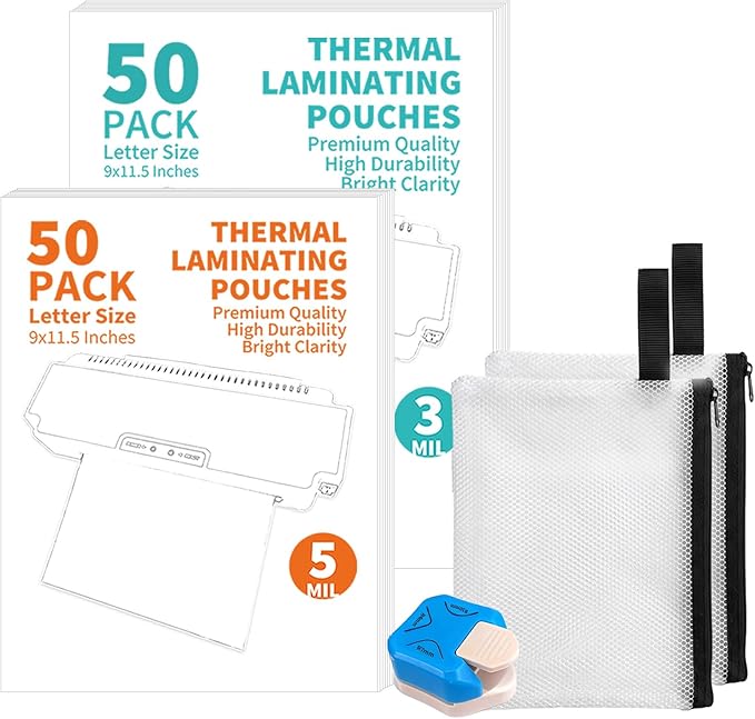 Binditek Laminating Sheets Bundle, 100 Pack Letter Size (50 x 3 Mil + 50 x 5 Mil) Thermal Laminating Pouches 8.5 x 11, with Corner Rounder & 2 Storage Folders, Office & Classroom Laminating Supplies