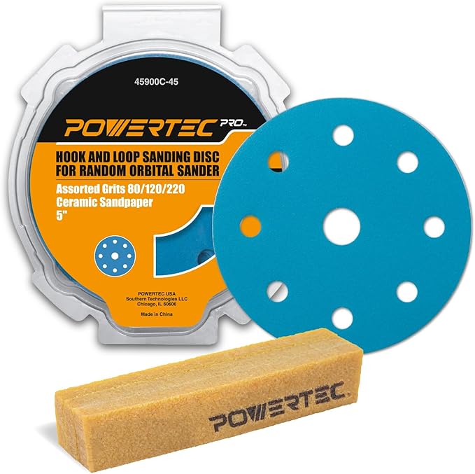 POWERTEC PRO 45901C 45PK, 5 Inch 9 Holes Assorted Sanding Disc & Abrasive Cleaning Stick, 80/120/220 Grit Ceramic Hook and Loop Backing Discs for Festool Orbital Sanders-Automotive, Metal, Woodworking