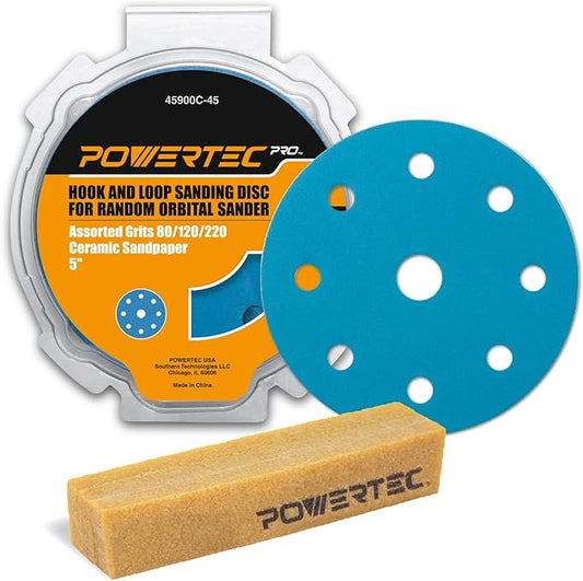 POWERTEC PRO 45901C 45PK, 5 Inch 9 Holes Assorted Sanding Disc & Abrasive Cleaning Stick, 80/120/220 Grit Ceramic Hook and Loop Backing Discs for Festool Orbital Sanders-Automotive, Metal, Woodworking