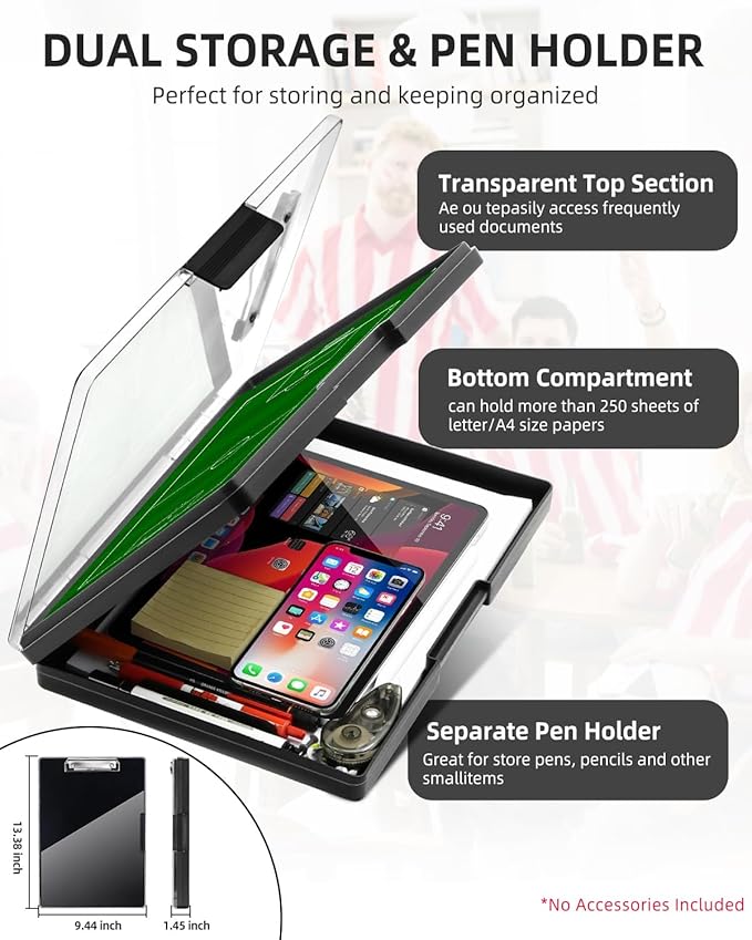 Clearview Clipboard with 2 Storage, Dry Erase 8.5x11 Heavy Duty ClipBoards - High Capacity Coaches Clip Board with Pen Holder - Side Opening Plastic Nursing Clip Case - Black
