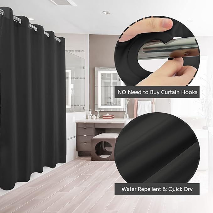 River Dream Extra Long No Hook Black Shower Curtain or Liner Soft Microfiber - 84" Length Fabric Shower Curtain Liner Set, Machine Washable & Water Repellent, Black, 71x86