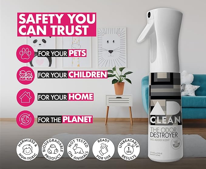 AdClean The Odor Destroyer l Odor Eliminator, No Scent, No Harsh Chemicals l Safe for Pets, People and the Planet l 10.14 fl oz Mist Spray